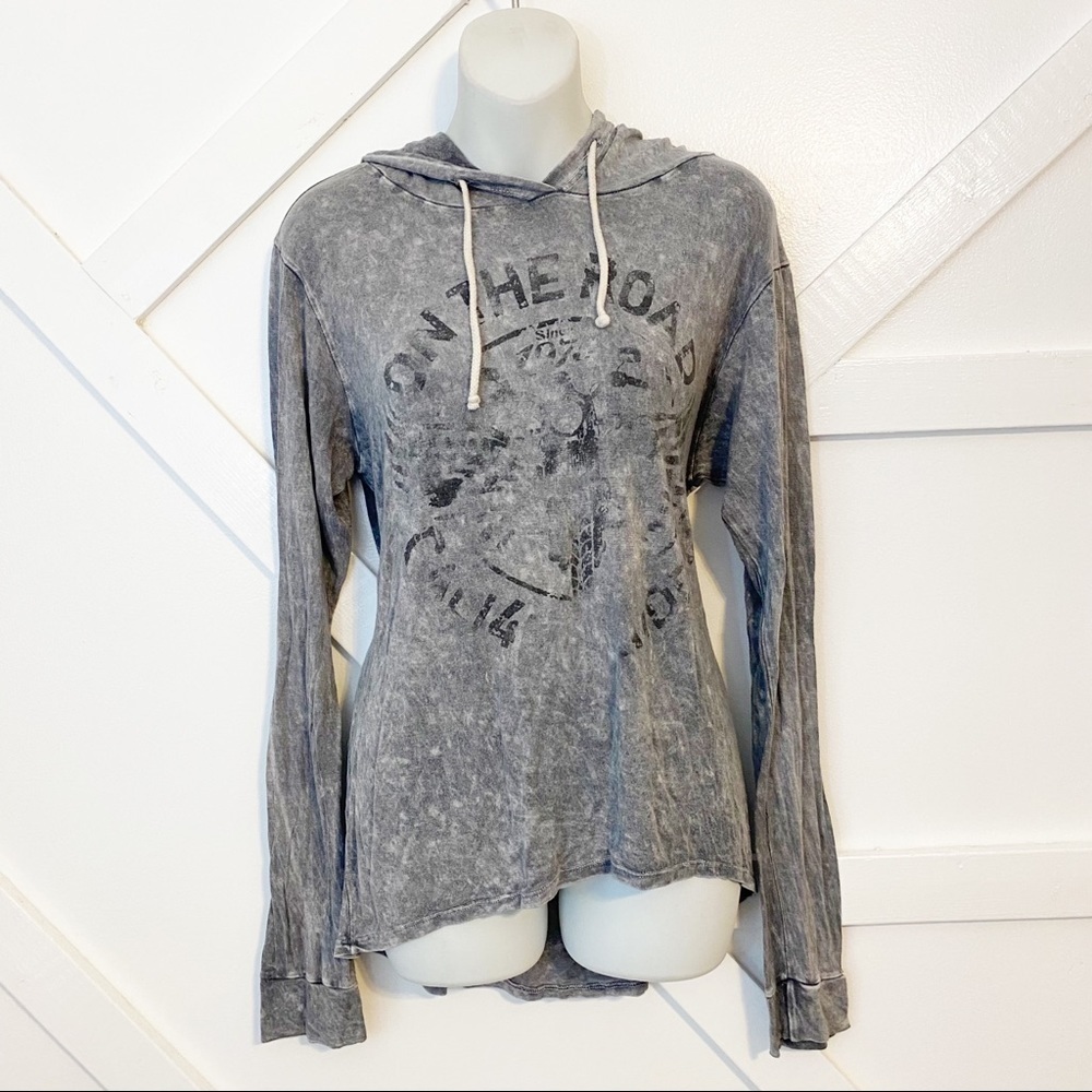 Vintage Havana Distressed Burnout Graphic Printed Hooded Shirt Gray Sz Small